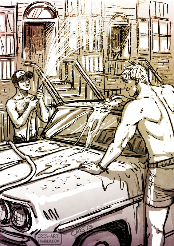 2boys bad_id bad_tumblr_id bara baseball_cap black_hair blonde_hair brown_theme car chest_hair couple cris_art feet_out_of_frame from_behind hat holding holding_hose hose hulkling male_focus marvel motor_vehicle multiple_boys navel_hair pectorals short_hair shorts sideburns smile sponge standing thick_eyebrows toned toned_male topless_male vehicle_request washing wet wiccan yaoi