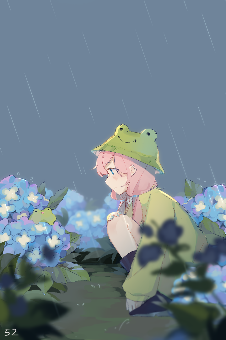 1girl animal_ear_headwear arknights black_footwear blue_eyes blue_flower blue_poison_(arknights) blush boots bucket_hat closed_mouth dailybloopy flower frog from_side green_headwear green_jacket hair_between_eyes hat hydrangea jacket long_hair low_twintails outdoors pink_hair profile rain rubber_boots solo squatting twintails