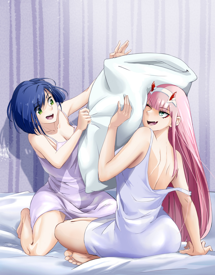 2girls :d \||/ albyee arm_behind_back arm_support bare_back bare_shoulders barefoot bed bed_sheet blue_hair blunt_bangs bob_cut breasts cleavage collarbone commentary commission darling_in_the_franxx dress english_commentary eyeshadow full_body green_eyes hair_over_one_eye hairband hitting horns ichigo_(darling_in_the_franxx) indian_style kneeling large_breasts long_hair looking_at_another loose_hair_strand makeup medium_breasts messy_hair multiple_girls nightgown no_bra on_bed one_eye_closed oni_horns open_mouth pillow pillow_fight pink_hair purple_nightgown red_eyeshadow red_horns round_teeth shadow short_dress short_hair shoulder_blades sitting smile solo strap_slip swept_bangs teeth toes turning_head very_long_hair wallpaper_(object) white_hairband white_nightgown zero_two_(darling_in_the_franxx)