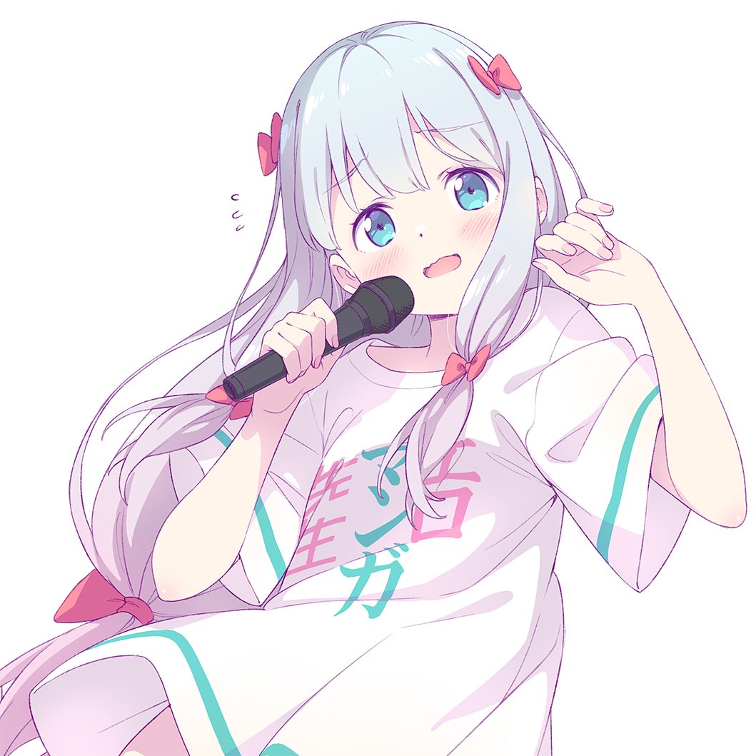 1girl blue_eyes bow commentary_request eromanga_sensei flying_sweatdrops grey_hair hair_bow holding holding_microphone izumi_sagiri kanzaki_hiro long_hair low-tied_long_hair microphone official_art pink_bow shirt sidelocks solo t-shirt translation_request very_long_hair wavy_mouth white_background