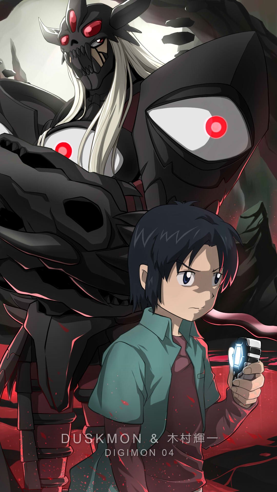 1boy black_eyes black_hair brown_shirt character_name digimon digimon_(creature) digimon_adventure digimon_frontier digivice duskmon extra_eyes highres kimura_kouichi laofuzi_dai_bansho long_sleeves red_eyes shirt short_hair