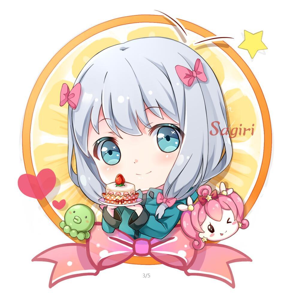 1girl birthday blue_eyes bow cake character_name chibi circular_border closed_mouth eromanga_sensei food green_jacket grey_hair gyaza hair_bow heart holding holding_cake holding_food izumi_sagiri jacket long_hair long_sleeves low-tied_long_hair mask mask_removed meruru_(oreimo) octopus pink_bow smile star_(symbol) upper_body white_background