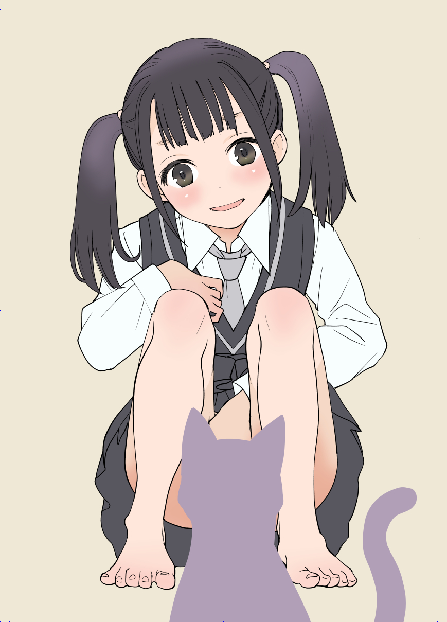 1girl 1other barefoot black_hair black_skirt black_sweater_vest brown_eyes cat clothes_lift convenient_censoring feet hanamizawa_q_taro highres lifted_by_self long_hair long_sleeves looking_at_viewer necktie open_mouth original pink_necktie pleated_skirt shirt skirt skirt_lift smile sweater_vest toes twintails white_shirt white_sleeves