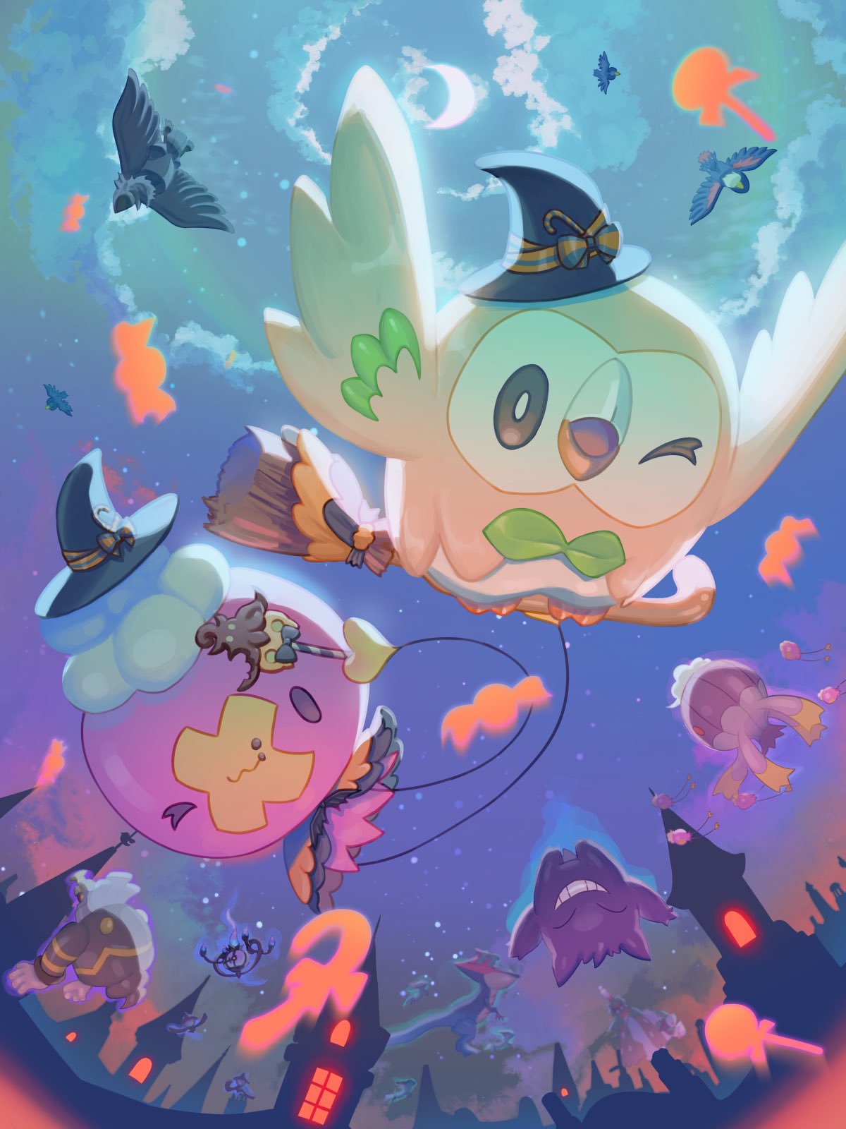 bird black_headwear bright_pupils broom brown_eyes building chandelure cloud commentary corviknight crescent_moon dragapult dreepy drifblim drifloon dusknoir flying gengar halloween hat highres holding holding_broom honchkrow looking_at_viewer mokukitusui moon murkrow night one_eye_closed open_mouth outdoors pokemon rowlet sky white_pupils