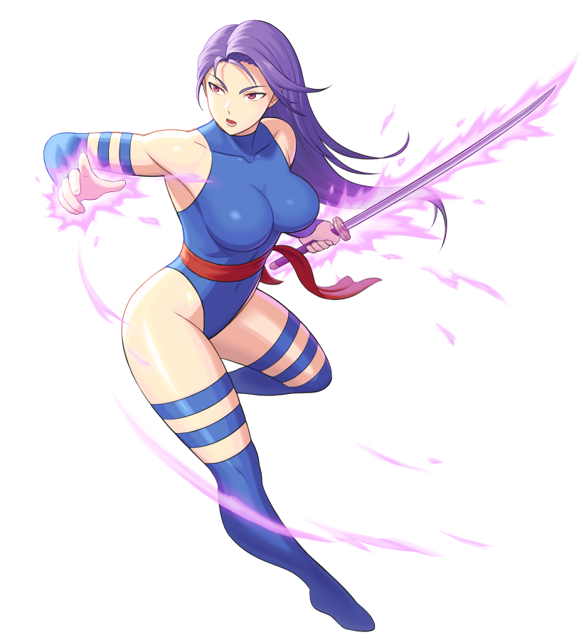 1girl blue_leotard boots breasts bridal_gauntlets elbow_gloves energy_blade gloves highleg highleg_leotard katana large_breasts leotard lipstick long_hair makeup marvel noppo_(tarstation) psylocke purple_eyes sash simple_background standing standing_on_one_leg sword weapon white_background x-men