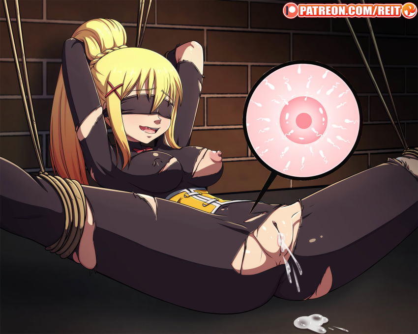 1girl after_sex arms_behind_head bdsm blindfold blonde_hair bodysuit bondage bound breasts cleft_of_venus corset cum cum_in_pussy cum_on_floor cum_pool cumdrip darkness_(konosuba) fertilization impregnation internal_cumshot kono_subarashii_sekai_ni_shukufuku_wo! large_breasts long_hair nipples open_mouth ovum patreon_logo ponytail pussy reit solo source_request sperm_cell torn_bodysuit torn_clothes x-ray