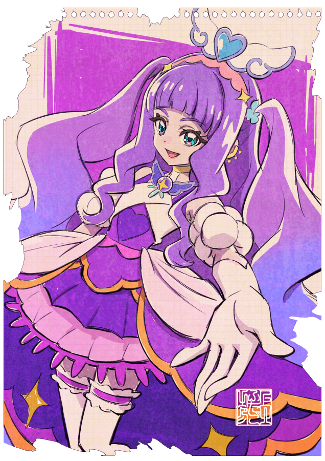 1girl aqua_eyes artist_logo commentary_request cure_majesty dress elbow_gloves ellee-chan eyelashes gloves graph_paper hair_ornament hairband happy hirogaru_sky!_precure kamikita_futago long_hair looking_at_viewer magical_girl paper_background precure purple_dress purple_hair signature simple_background smile solo standing thighhighs thighs upper_body watercolor_background white_gloves white_thighhighs
