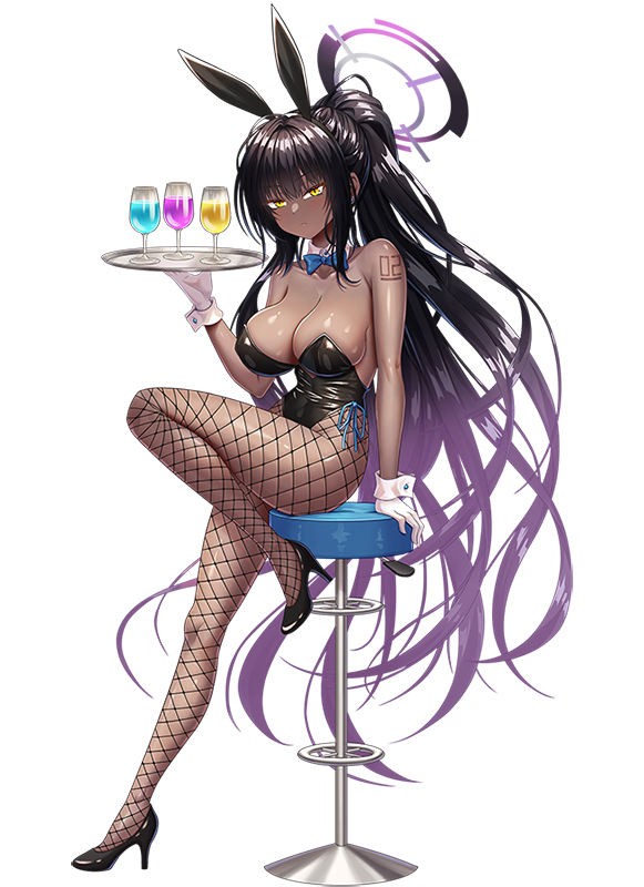 1girl animal_ears black_footwear black_hair black_leotard blue_archive blue_bow blue_bowtie blush bow bowtie breasts chair cleavage closed_mouth cup dark-skinned_female dark_skin detached_collar drink fake_animal_ears fishnet_pantyhose fishnets full_body gloves halo high_heels holding holding_tray karin_(blue_archive) karin_(bunny)_(blue_archive) large_breasts leotard long_hair official_alternate_costume pantyhose playboy_bunny purple_halo rabbit_ears simple_background solo strapless strapless_leotard tako_seijin tray very_long_hair white_background white_gloves yellow_eyes