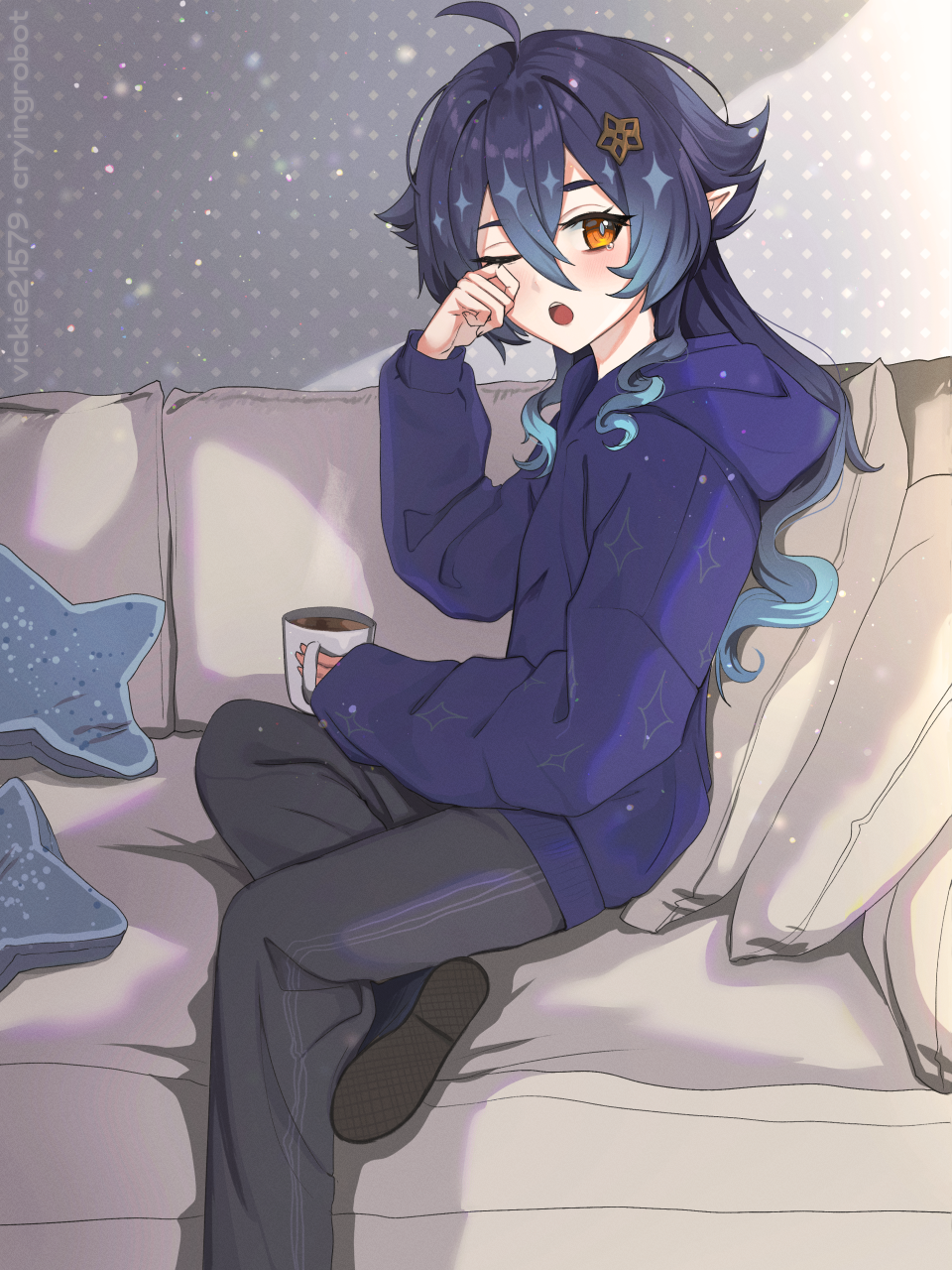 1girl alternate_costume black_pants blue_hair blue_hoodie coffee_cup couch cup disposable_cup drill_hair genshin_impact hair_between_eyes highres holding holding_cup hood hoodie layla_(genshin_impact) long_hair long_sleeves looking_at_viewer multicolored_hair one_eye_closed pants pillow pointy_ears solo vickie_(cryingrobot) waking_up yellow_eyes