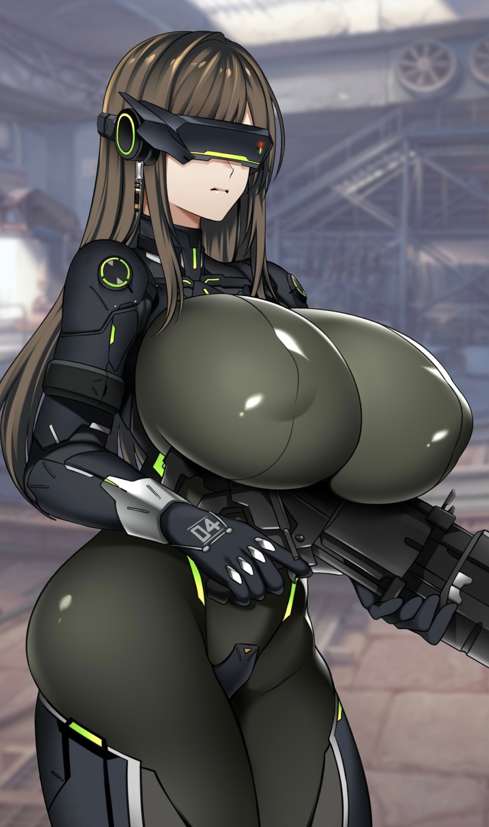 1girl alternate_breast_size armor armored_bodysuit armored_gloves bad_anatomy bodysuit breasts commentary commentary_request covered_nipples cowboy_shot dekapaiyukari goddess_of_victory:_nikke gun highres holding holding_gun holding_weapon huge_breasts impossible_bodysuit impossible_clothes long_hair mass-produced_nikke mecha_musume mechanical_arms medium_hair numbered shiny_clothes shoulder_armor solo standing swept_bangs visor_(armor) weapon
