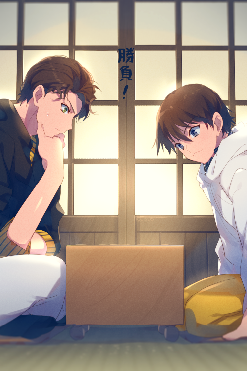 2boys aged_down akai_shuuichi black_shirt black_socks blue_eyes board_game brothers brown_hair closed_mouth commentary cushion echo_(circa) from_side frown go_(board_game) green_eyes hand_on_own_chin hand_up haneda_shuukichi hood hood_down hoodie indian_style indoors long_sleeves male_focus meitantei_conan multiple_boys on_ground pants playing_games profile seiza shirt short_hair siblings sitting sliding_doors smile socks stroking_own_chin sweatdrop tatami thinking white_hoodie white_pants yellow_pants zabuton