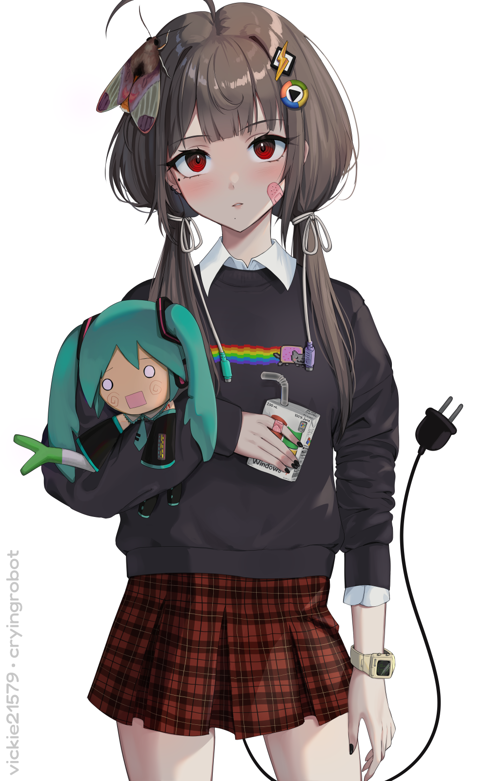 1girl ahoge alternate_hairstyle aqua_hair artist_name bandaid bandaid_on_face black_nails black_sweater blunt_bangs brown_hair bug cable cable_tail character_doll cowboy_shot drink earrings electric_plug eyelashes fingernails hachune_miku hair_ornament hatsune_miku highres holding holding_drink jewelry juice_box long_sleeves looking_at_viewer mechanical_tail medium_hair microsoft_windows mole mole_under_eye moth nyan_cat o_o original parted_lips plaid plaid_skirt rainbow red_eyes red_skirt ringed_eyes simple_background skirt solo spring_onion standing sweater tail twintails vickie_(cryingrobot) vickie_(cryingrobot)_(character) vocaloid watch white_background wristwatch