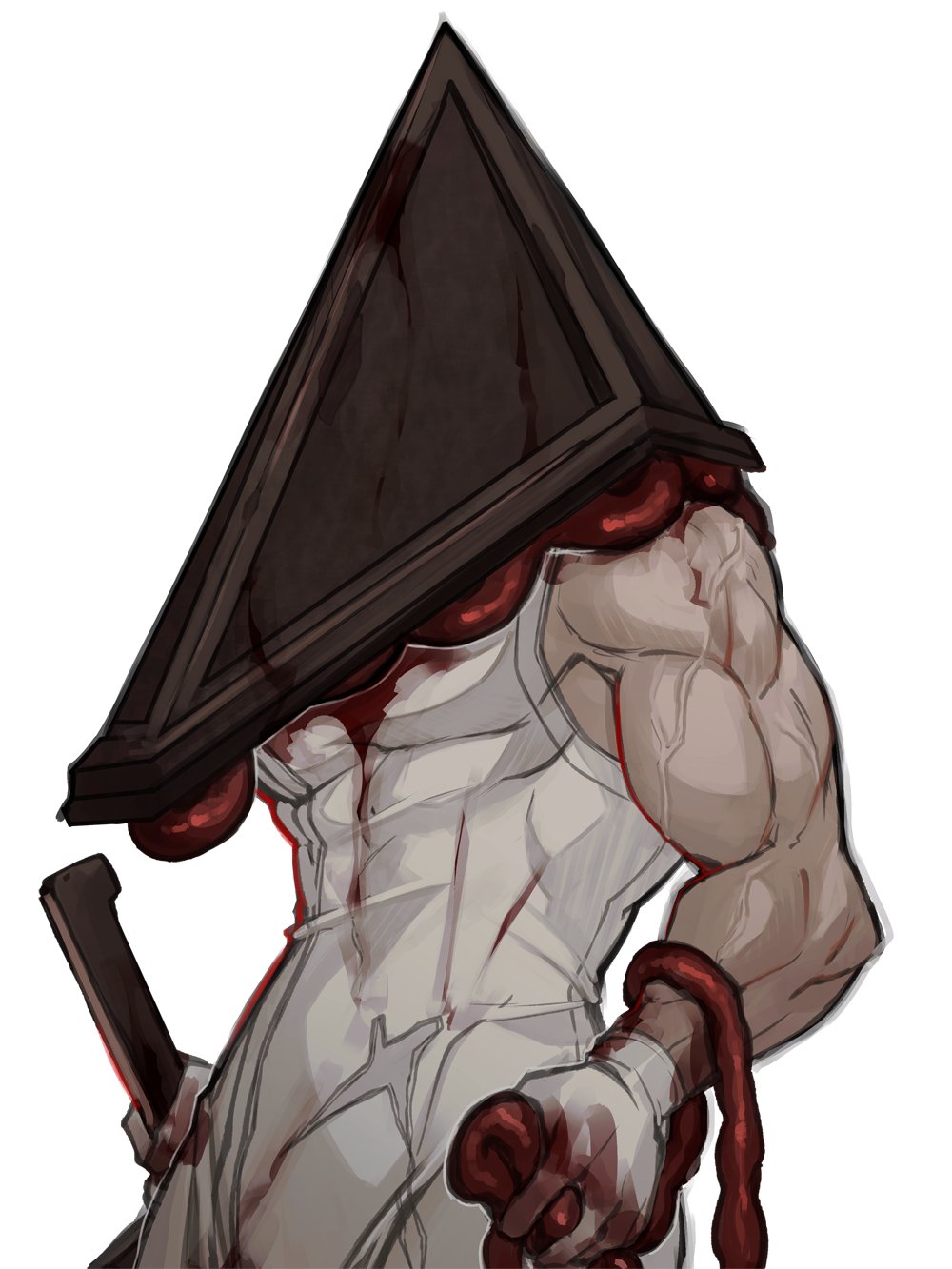 1boy arms_at_sides bare_arms blood blood_on_hands covered_abs cowboy_shot from_below from_side helmet highres holding intestines kyou_(ningiou) large_pectorals male_focus monster_boy muscular muscular_male pectorals pyramid_head sidepec silent_hill_(series) silent_hill_2 solo sword veins veiny_arms weapon