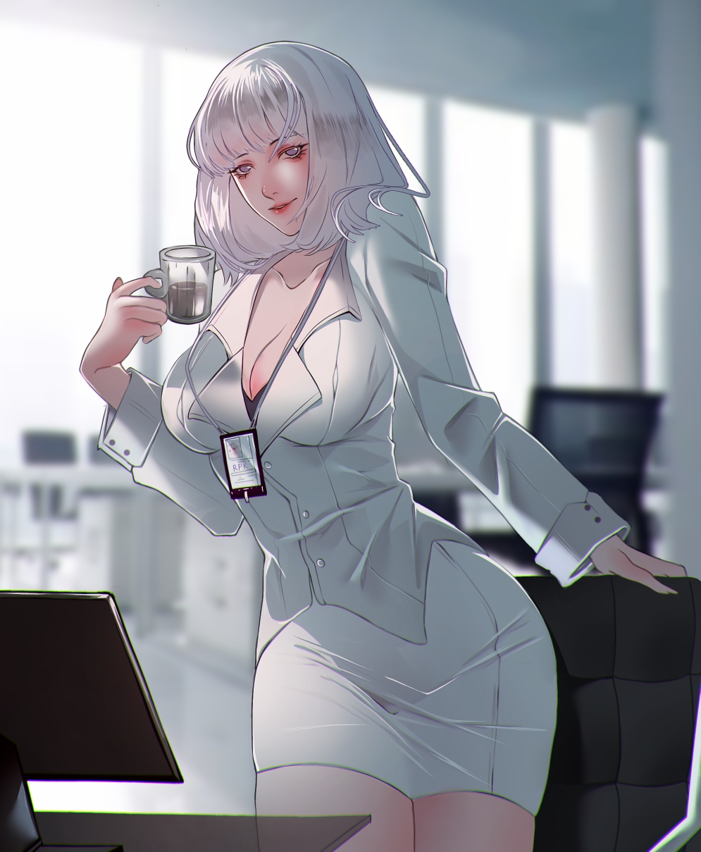 1girl blurry blurry_background breasts business_suit chair cleavage collarbone cup feet_out_of_frame girls'_frontline highres holding holding_cup jacket lips long_sleeves looking_at_viewer medium_breasts medium_hair office office_chair official_alternate_costume pencil_skirt purple_eyes red_lips rpk-16_(girls'_frontline) rpk-16_(renate)_(girls'_frontline) sanya_(sanya_lox228) skirt solo standing suit swivel_chair white_hair white_jacket white_skirt