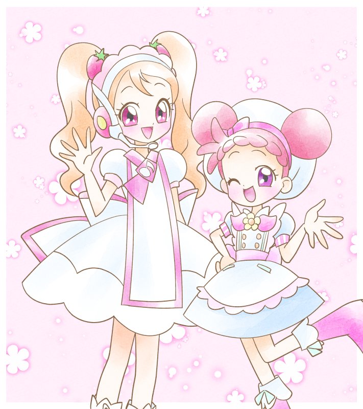 2girls :d blush boots cosplay costume_switch crossover double_bun dress food-themed_hair_ornament hair_bun hair_ornament harukaze_doremi hat headset kirakira_patisserie_uniform kirakira_precure_a_la_mode long_hair magical_girl multiple_girls official_alternate_costume ojamajo_doremi one_eye_closed open_mouth pink_background pink_footwear precure purple_eyes red_hair senri_bunny short_bangs simple_background smile twintails usami_ichika