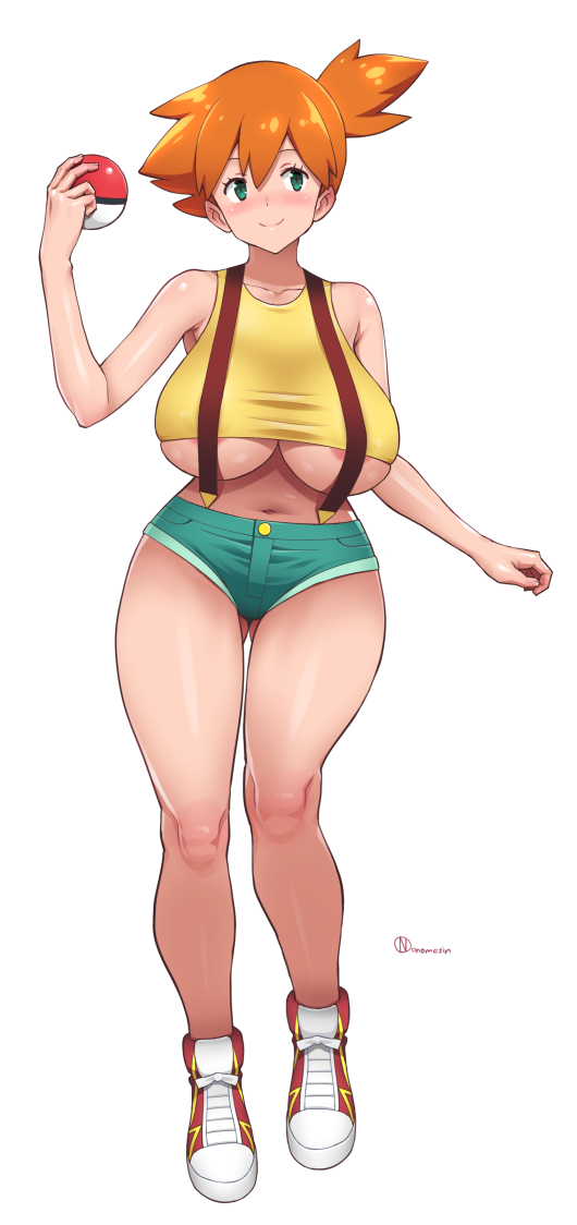 1girl alternate_breast_size areola_slip ass_visible_through_thighs bare_shoulders blush breasts closed_mouth collarbone curvy denim denim_shorts full_body green_eyes holding holding_poke_ball large_breasts looking_to_the_side micro_shorts midriff misty_(pokemon) navel onomeshin orange_hair plump poke_ball poke_ball_(basic) pokemon pokemon_(anime) pokemon_(classic_anime) shirt shoes shorts side_ponytail simple_background smile sneakers solo suspender_shorts suspenders tank_top taut_clothes taut_shirt underboob white_background wide_hips yellow_shirt yellow_tank_top