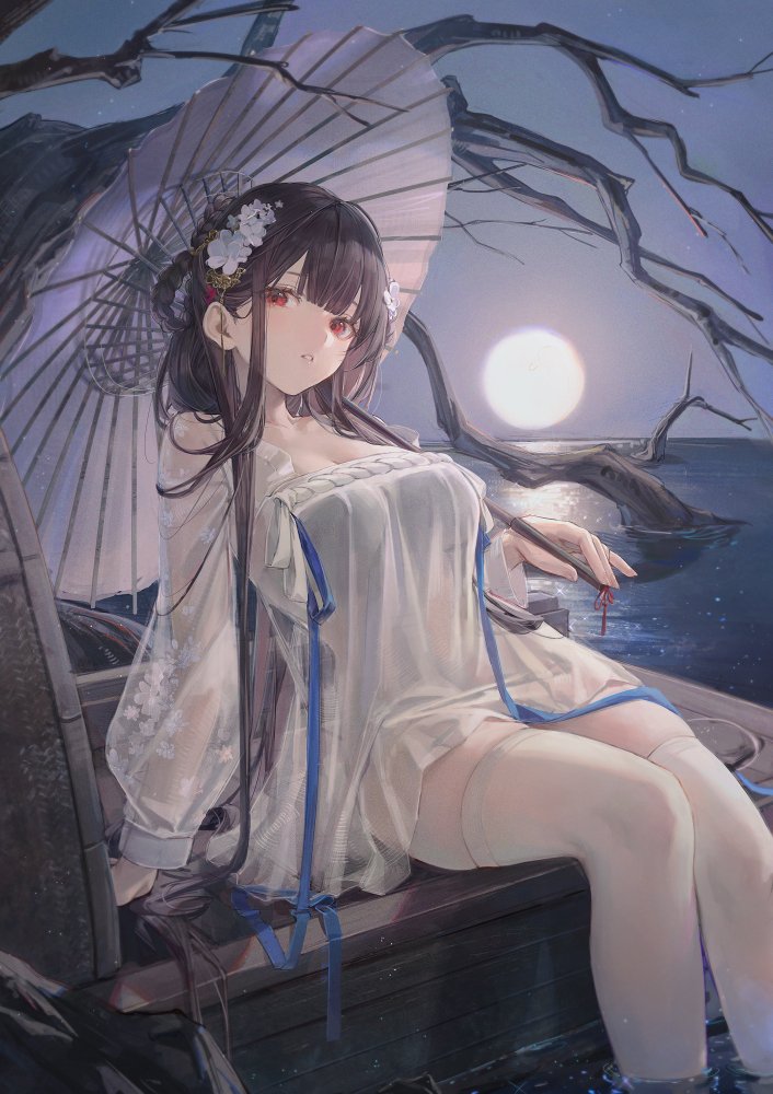 1girl azur_lane black_hair boat breasts chinese_clothes douya_(233) dress floating_hair_ornament flower hair_flower hair_ornament hanfu holding holding_umbrella large_breasts long_hair looking_at_viewer moon official_alternate_costume oil-paper_umbrella open_mouth qixiong_ruqun red_eyes ribbon see-through see-through_sleeves sitting soaking_feet solo thighhighs tree umbrella very_long_hair water watercraft white_dress white_thighhighs yat_sen_(azur_lane) yat_sen_(paragon_of_celestial_grace)_(azur_lane)