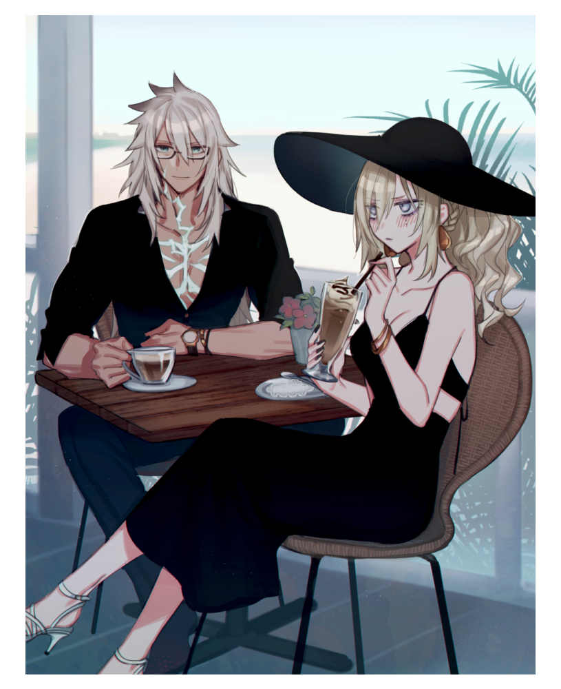 alternate_costume bangle black-framed_eyewear black_dress black_headwear black_nails black_shirt blonde_hair blue_pants border bracelet braid breasts cafe chair cleavage crown_braid cup dark-skinned_male dark_skin dress drink drinking_glass drinking_straw earrings elbow_rest elbows_on_table fate/apocrypha fate/grand_order fate_(series) feet_out_of_frame fern flower glowing_scar grey_hair hair_between_eyes hat high_heels holding holding_cup holding_drink indoors jewelry jitome kanitama_(putyourhead) kriemhild_(fate) long_hair long_sleeves medium_breasts messy_hair mole mole_under_eye official_alternate_costume pants pectoral_cleavage pectorals ponytail red_flower saucer scar scar_on_chest semi-rimless_eyewear shirt siegfried_(fate) siegfried_(super_cool_biz)_(fate) sitting smile spaghetti_strap sun_hat table under-rim_eyewear watch wavy_hair white_border white_footwear wooden_table wristwatch