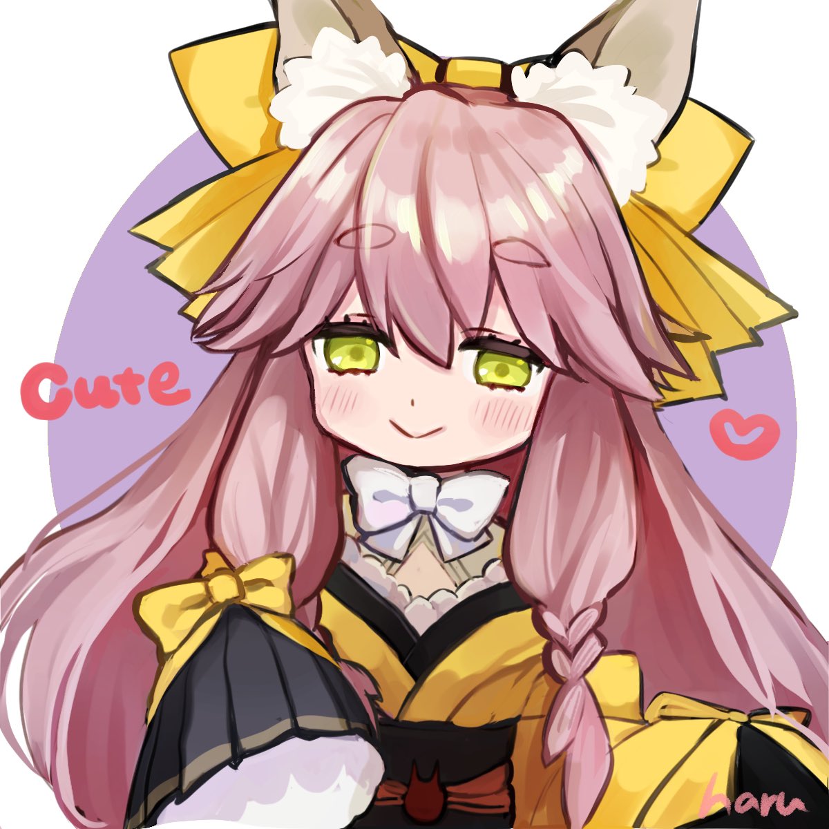 1girl animal_ear_fluff animal_ears blush bow fate/samurai_remnant fate_(series) fox_ears green_eyes heart highres japanese_clothes kimono long_hair matsui_haru pink_hair short_eyebrows sketch sleeves_past_fingers sleeves_past_wrists smile solo tamamo_(fate) tamamo_aria upper_body white_bow wide_sleeves yellow_kimono