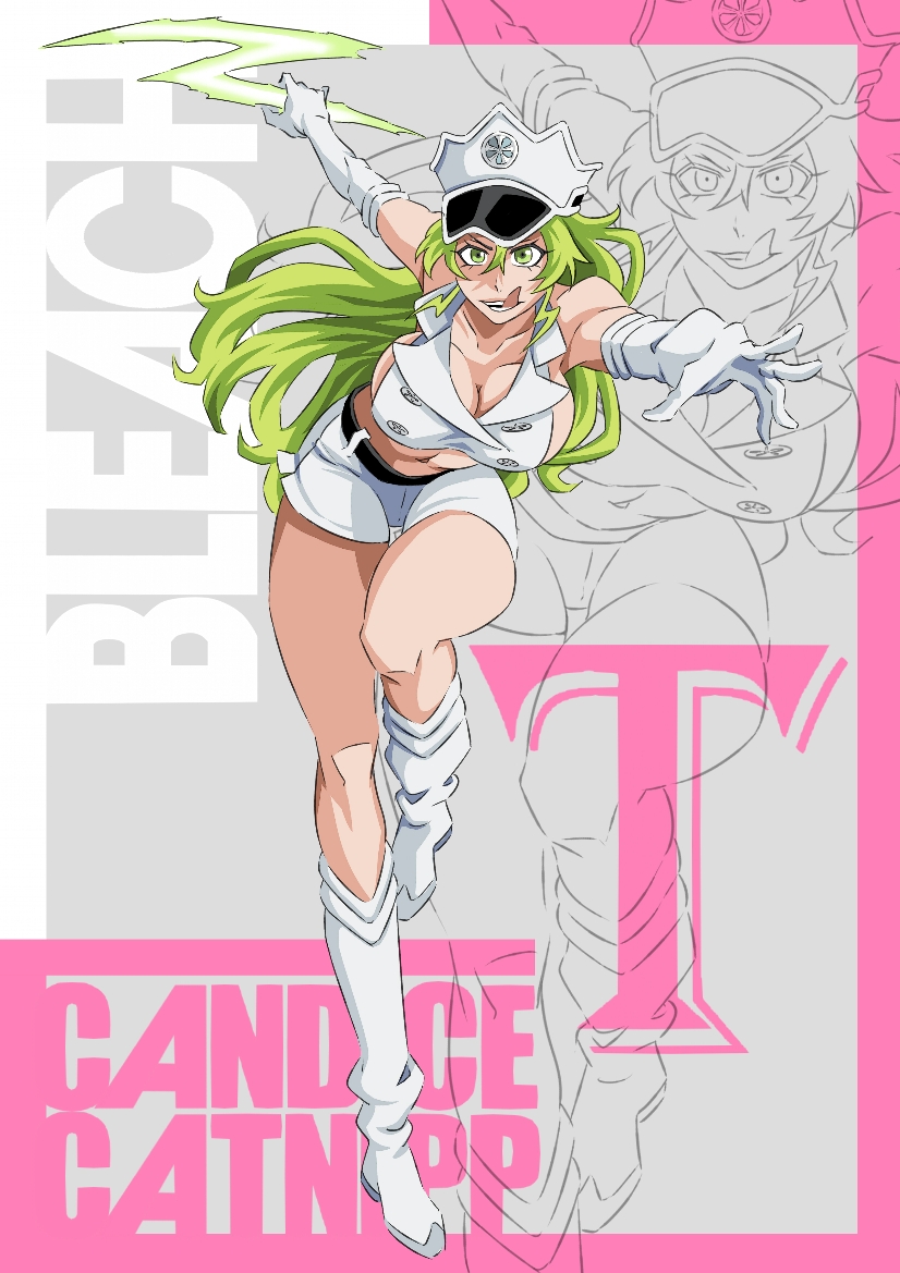 1girl belt bleach bleach:_the_thousand-year_blood_war boots breasts candice_catnipp cleavage english_text gloves green_eyes green_hair hat knee_up large_breasts lightning long_hair midriff military_hat military_uniform navel quincy rakusakugk short_shorts shorts sternritter thighs tongue tongue_out uniform white_footwear white_gloves