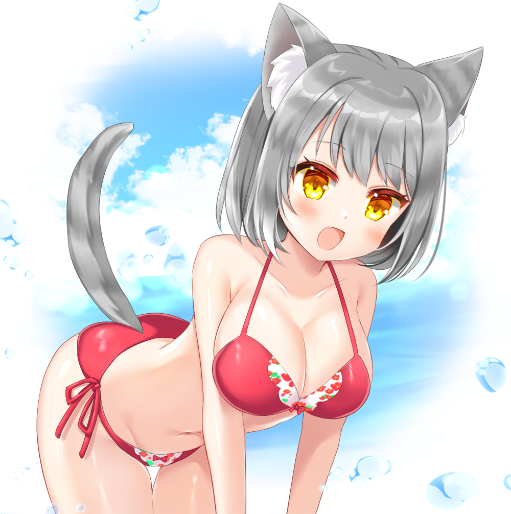 1girl :d animal_ear_fluff animal_ears bad_anatomy bare_shoulders bent_over bikini blue_sky blush breasts cleavage cloud cloudy_sky collarbone commission fang grey_hair groin large_breasts looking_at_viewer navel orange_eyes original red_bikini shikito side-tie_bikini_bottom skeb_commission sky smile solo swimsuit tail thigh_gap water_drop