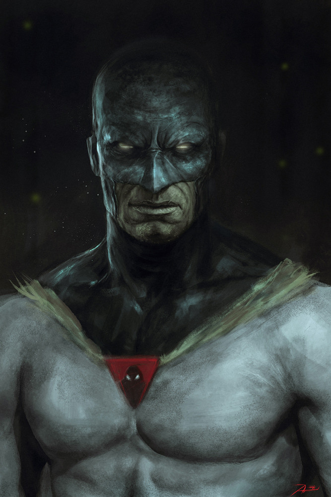 1boy adnanart dark_background english_commentary facial_hair looking_at_viewer male_focus mask muscular pectorals solo space_ghost space_ghost_(series) stubble superhero upper_body