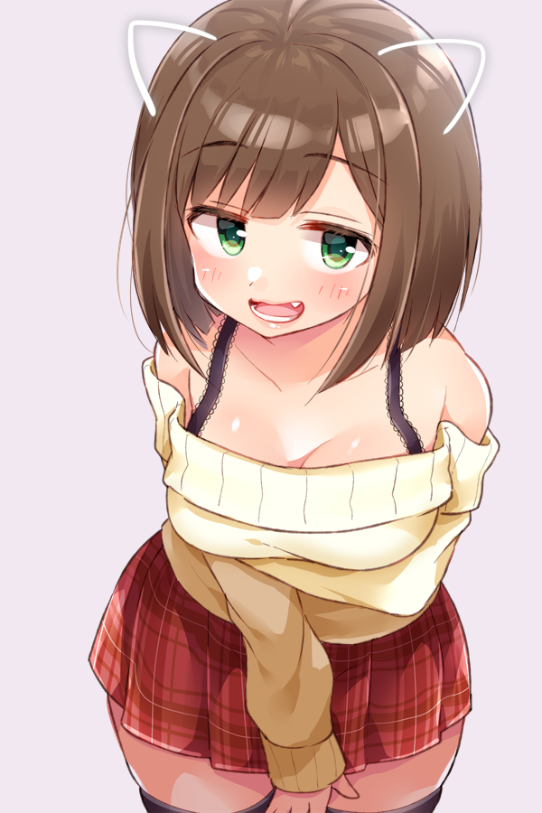 1girl animal_ears arm_under_breasts bare_shoulders black_thighhighs blush bra_strap breasts brown_hair cat_ears cleavage collarbone fake_animal_ears fang green_eyes grey_background idolmaster idolmaster_cinderella_girls idolmaster_cinderella_girls_starlight_stage leaning_forward long_sleeves looking_at_viewer maekawa_miku medium_breasts open_mouth plaid plaid_skirt pleated_skirt red_skirt shirt short_hair simple_background skirt smile solo thighhighs trente yellow_shirt zettai_ryouiki
