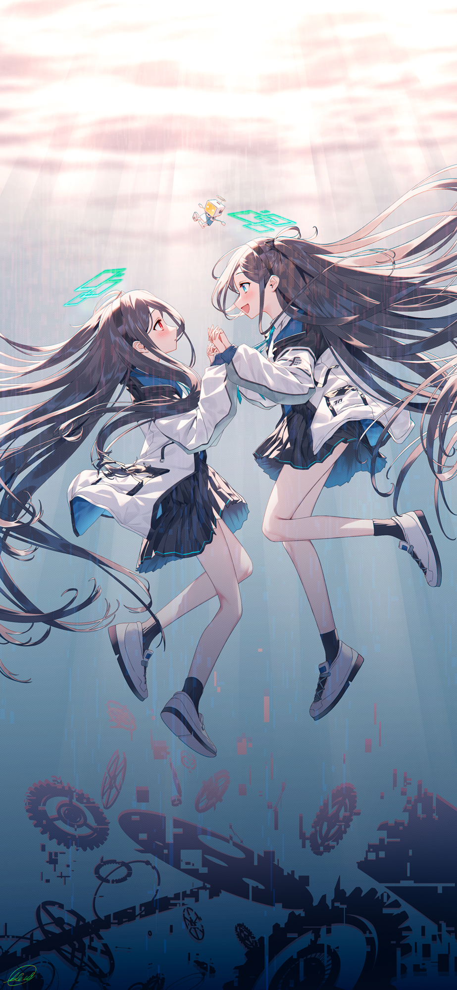 &lt;key&gt;_(blue_archive) 2girls :d aris_(blue_archive) black_hair black_skirt black_socks blew_andwhite blue_archive blue_eyes blush cloud eye_contact flying halo highres holding_hands interlocked_fingers jacket legs long_hair long_sleeves looking_at_another multiple_girls open_mouth red_eyes shoes side_ponytail skirt sky smile socks sunlight very_long_hair white_footwear white_jacket