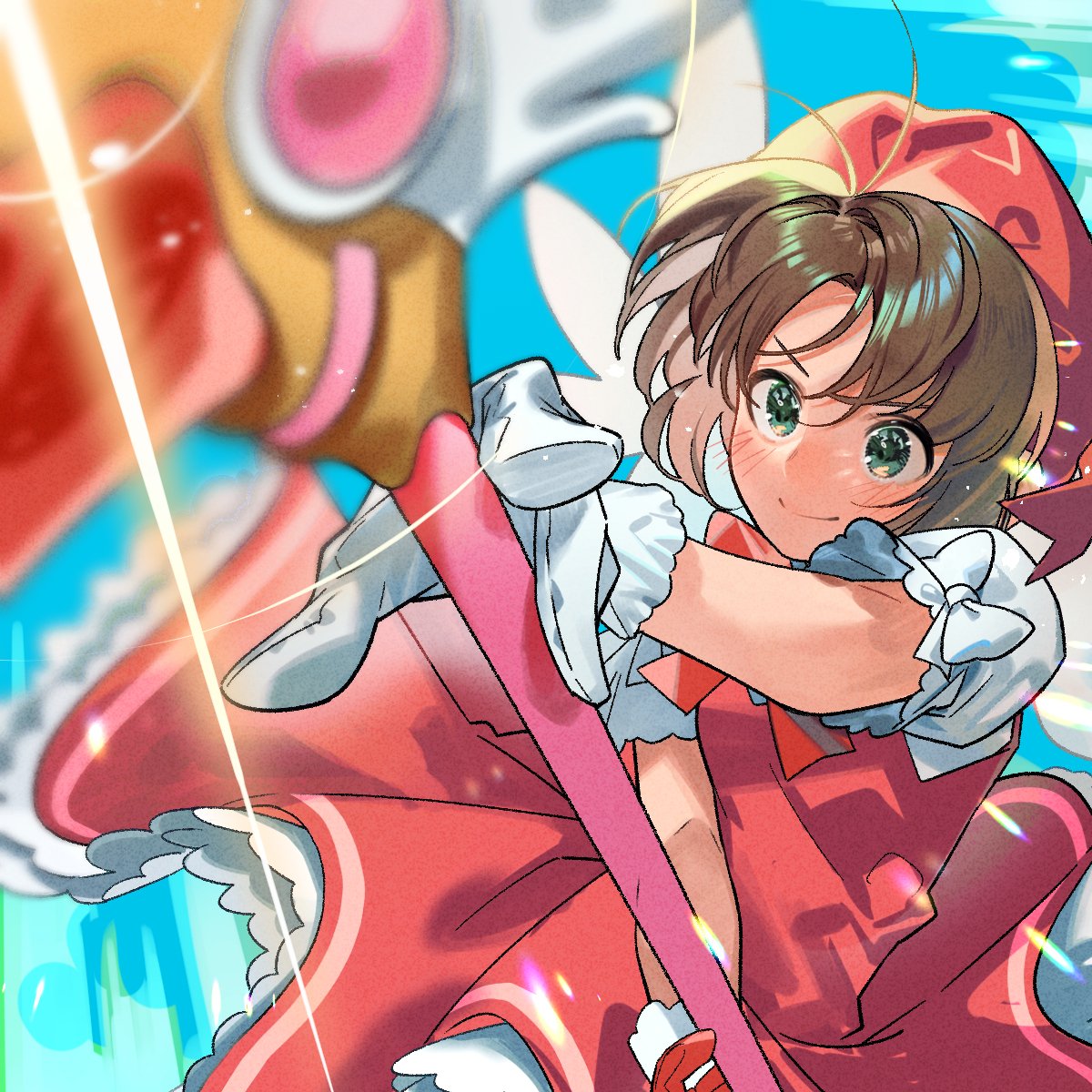 1girl blue_sky blush bow brown_hair cardcaptor_sakura closed_mouth dress female_child gloves green_eyes hair_between_eyes highres kinomoto_sakura magical_girl pink_dress pink_headwear red_bow sky smile sofa_(enogunomu) solo white_gloves wings