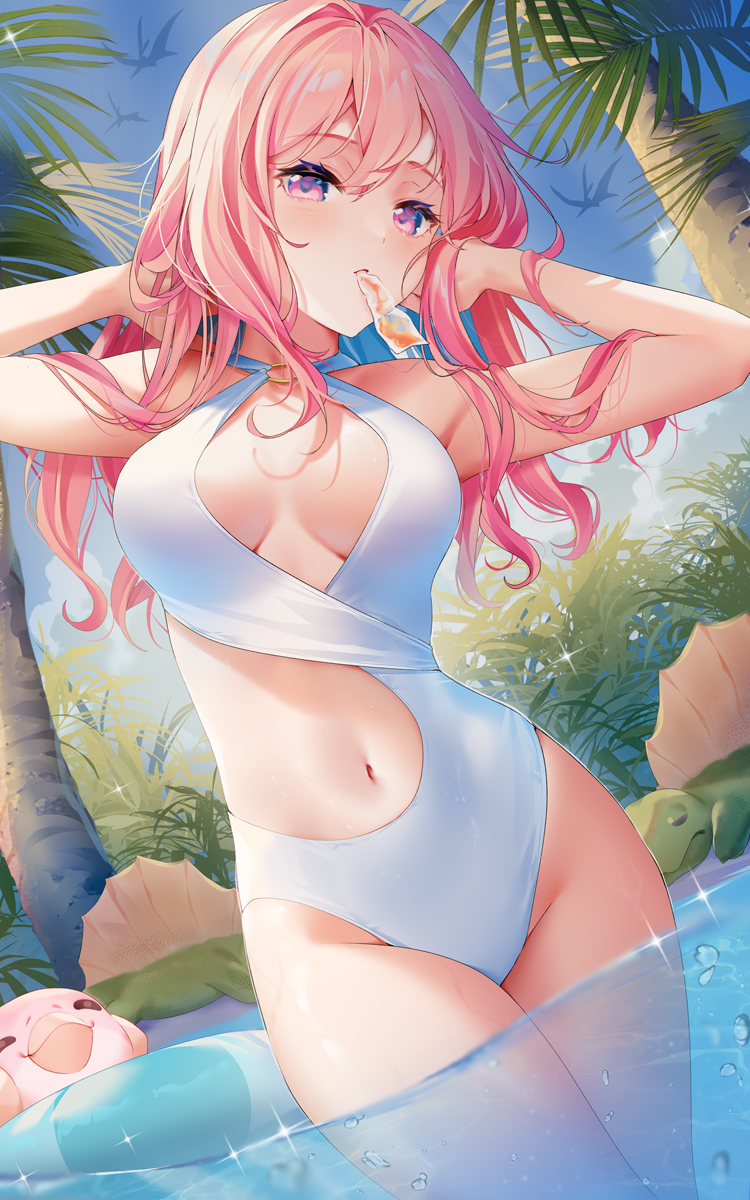 1girl bare_shoulders blue_sky breasts commentary day dutch_angle groin hands_in_hair highres large_breasts long_hair looking_at_viewer mouth_hold navel o-ring o-ring_swimsuit one-piece_swimsuit original pink_hair purple_eyes rimuu sky solo stomach swimsuit symbol-only_commentary thighs wading water white_one-piece_swimsuit
