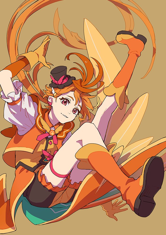 1boy blonde_hair boots brooch butterfly_earrings cure_wing earrings full_body gloves hat hirogaru_sky!_precure isshoku_(shiki) jewelry magical_boy mini_hat mini_top_hat multicolored_hair orange_hair orange_sailor_collar orange_shorts otoko_no_ko parted_bangs ponytail precure puffy_short_sleeves puffy_sleeves red_eyes sailor_collar short_sleeves shorts solo streaked_hair thigh_strap top_hat wing_hair_ornament yuunagi_tsubasa