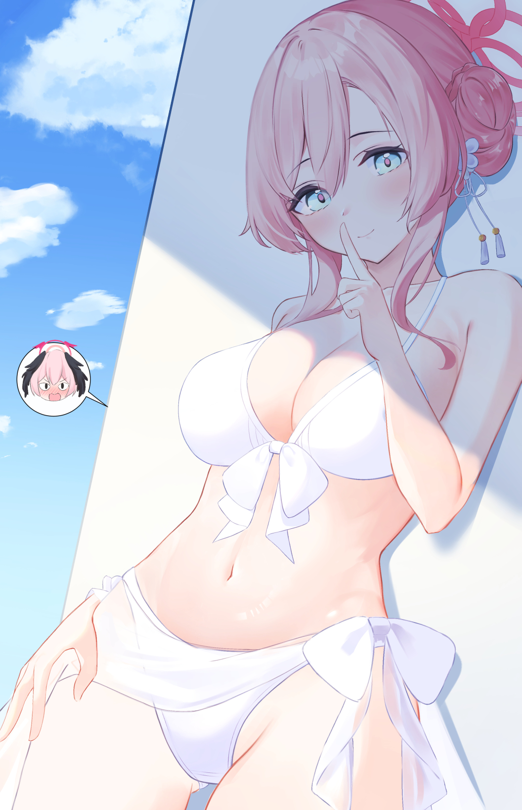 2girls bare_arms bare_shoulders bikini blue_archive blue_eyes blue_sky blush breasts cleavage closed_mouth cloud cloudy_sky collarbone commentary_request day finger_to_mouth front-tie_bikini_top front-tie_top groin hair_between_eyes hair_bun halo hand_up highres koharu_(blue_archive) looking_at_viewer medium_breasts mimori_(blue_archive) multiple_girls navel outdoors pink_hair roido_(taniko-t-1218) shushing side-tie_bikini_bottom single_side_bun sky smile solo_focus spoken_character swimsuit white_bikini