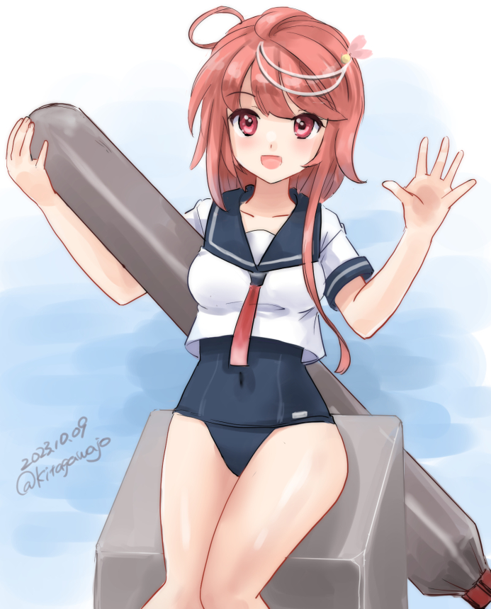 1girl ahoge black_one-piece_swimsuit blue_sailor_collar breasts dated gradient_neckerchief hair_ornament i-58_(kancolle) kitagawa_mikio medium_breasts neckerchief one-hour_drawing_challenge one-piece_swimsuit pink_hair red_eyes red_neckerchief sailor_collar sailor_shirt school_swimsuit school_uniform serafuku shirt short_hair sitting solo swimsuit swimsuit_under_clothes torpedo twitter_username white_shirt