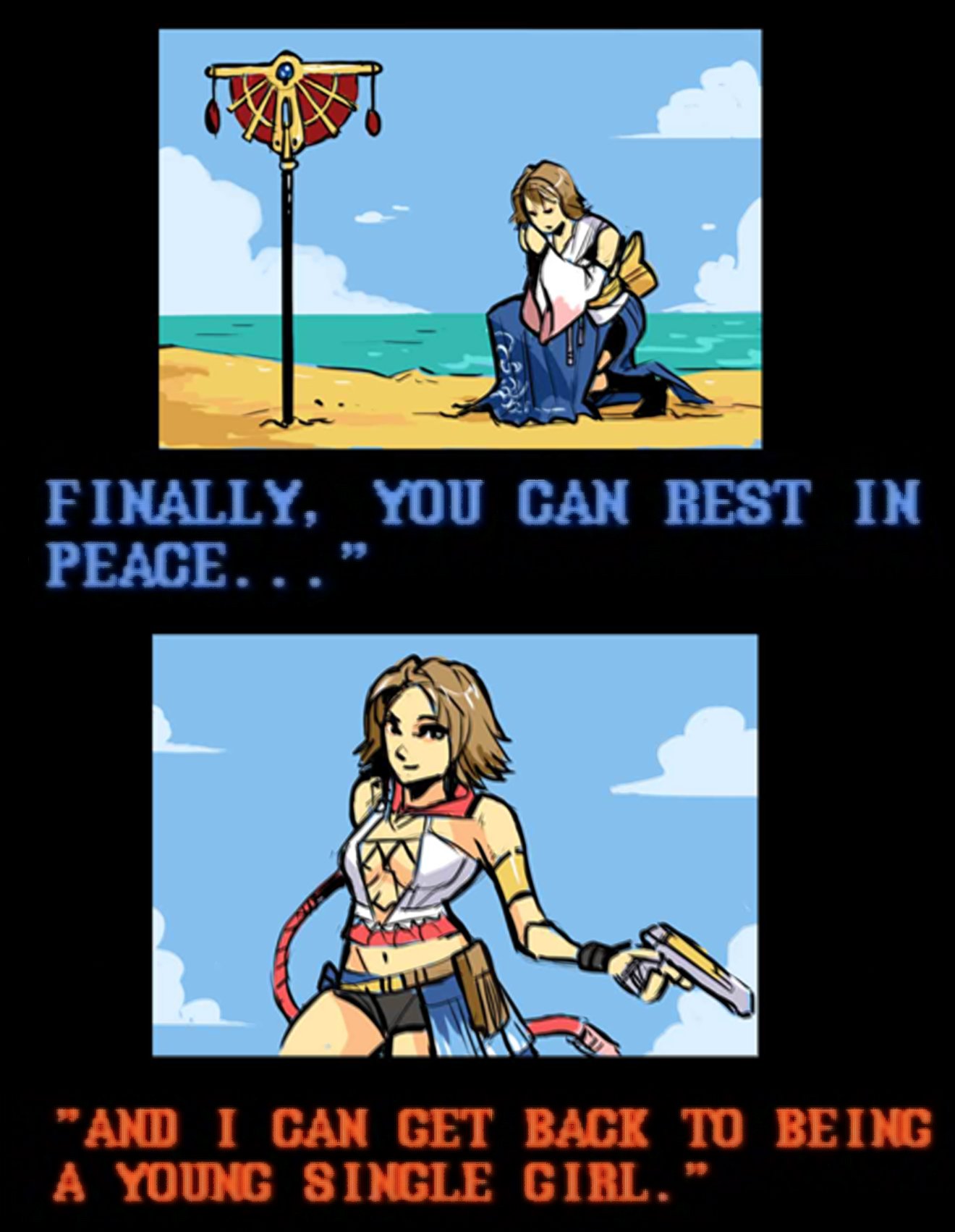 1girl beach breasts brown_hair cleavage detached_sleeves english_text final_fantasy final_fantasy_x final_fantasy_x-2 gun h0lysarthole handgun highres holding holding_gun holding_weapon long_skirt midriff parody planted ponytail praying short_shorts shorts showgirl_skirt skirt smile staff street_fighter street_fighter_ii_(series) weapon wide_sleeves yuna_(ff10)