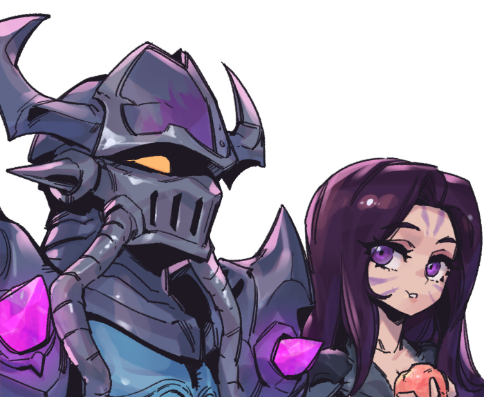 1boy 1girl collarbone facial_mark fake_horns father_and_daughter food grey_background hand_up helmet holding holding_food horned_helmet horns kai'sa kassadin league_of_legends long_hair looking_at_another orange_eyes phantom_ix_row purple_eyes purple_headwear sideways_glance simple_background