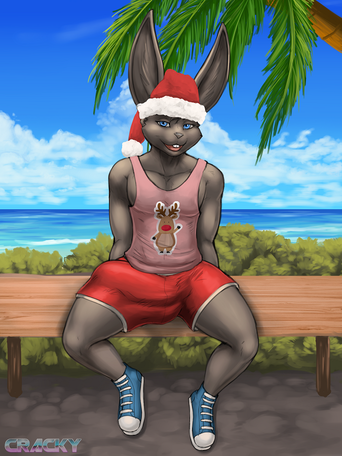 3:4 anthro biped blue_eyes bottomwear buckteeth bulge christmas christmas_clothing christmas_headwear clothed clothing cloud cracky ear_piercing ear_ring footwear hat headgear headwear holidays inner_ear_fluff lagomorph leporid looking_at_viewer male mammal open_mouth open_smile piercing plant rabbit red_bottomwear red_clothing red_shorts ring_piercing santa_hat shoes shorts smile smiling_at_viewer solo spooky_(boomwolf) teeth topwear tree tuft