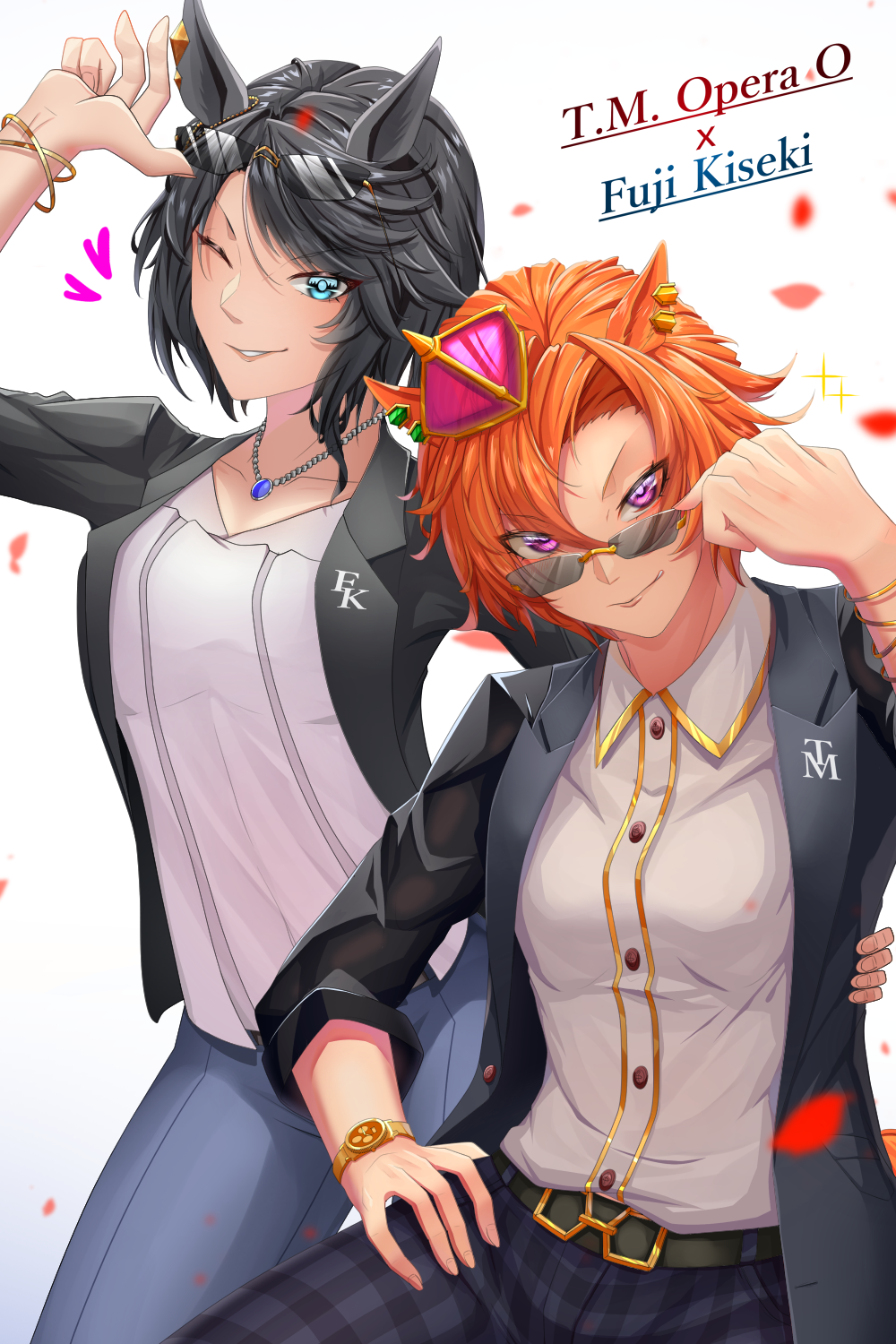 2girls adjusting_eyewear amekudaki arm_around_back arm_up belt black_hair black_shirt blue_pants buttons character_name closed_mouth collarbone collared_shirt cowboy_shot crown ear_ornament eyewear_on_head fingernails fuji_kiseki_(umamusume) green_eyes hand_on_another's_waist hand_on_eyewear hand_on_own_hip hand_up head_tilt heart highres jewelry long_sleeves looking_at_viewer looking_over_eyewear multiple_girls one_eye_closed open_clothes open_shirt orange_hair pants parted_bangs parted_lips pendant petals plaid plaid_pants purple_eyes semi-rimless_eyewear shirt shirt_under_shirt short_hair smile sunglasses swept_bangs t.m._opera_o_(umamusume) tomboy umamusume white_shirt wing_collar