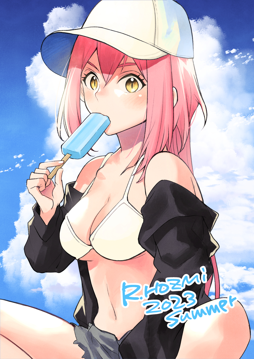 1girl beach bikini blush body_switch breasts cleavage cloud_background commentary_request filina_(maou-sama_exchange!!) food food_in_mouth highres holding holding_food holding_popsicle hozumi_riya long_hair looking_at_viewer maou-sama_exchange!! navel off_shoulder personality_switch pink_eyebrows pink_hair popsicle popsicle_in_mouth swimsuit tagme white_bikini yellow_eyes