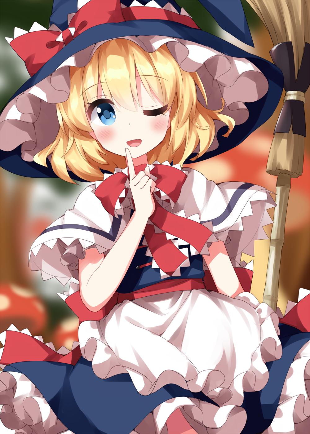 1girl ;d alice_margatroid bamboo_broom blonde_hair blue_dress blue_eyes blush broom commentary_request cosplay dress hand_up hat highres holding holding_broom index_finger_raised kirisame_marisa kirisame_marisa_(cosplay) looking_at_viewer one_eye_closed open_mouth ruu_(tksymkw) smile solo straight-on touhou witch_hat