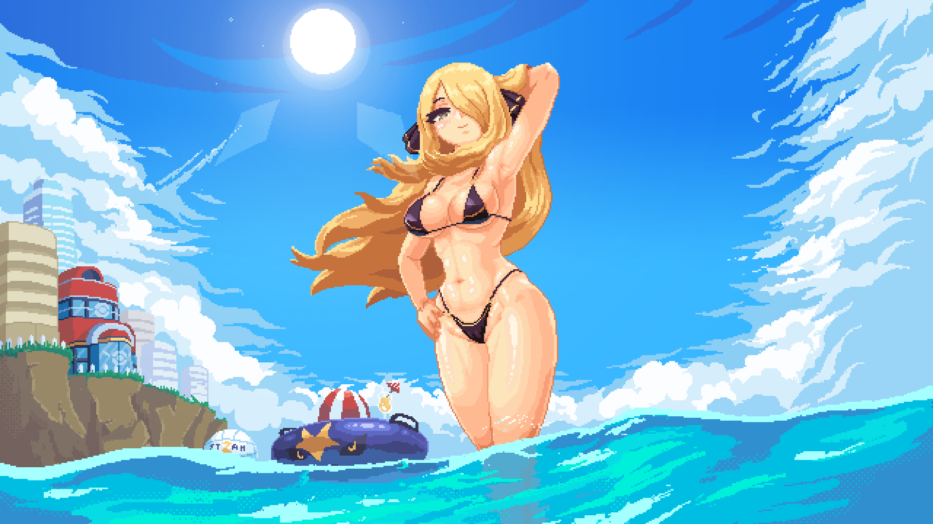 1girl arm_behind_head arm_up armpits artist_name ball bare_shoulders beachball bikini black_bikini blinking blonde_hair blue_sky breasts building cleavage cliff closed_mouth cloud cloudy_sky cocktail cocktail_umbrella cup cynthia_(pokemon) day drinking_glass eyelashes fence floating_hair garchomp grass grey_eyes hair_ornament hair_over_one_eye hand_on_own_hip highres in_water innertube itzah long_hair looking_at_viewer medium_breasts multi-strapped_bikini_bottom navel o-ring o-ring_bikini o-ring_bottom one_eye_covered outdoors parted_bangs partially_submerged partially_underwater_shot pixel_art pokemon pokemon_(game) pokemon_bw pokemon_center sidelocks sky smile solo standing stomach sun swept_bangs swimsuit very_long_hair volleyball volleyball_(object) wading water wind