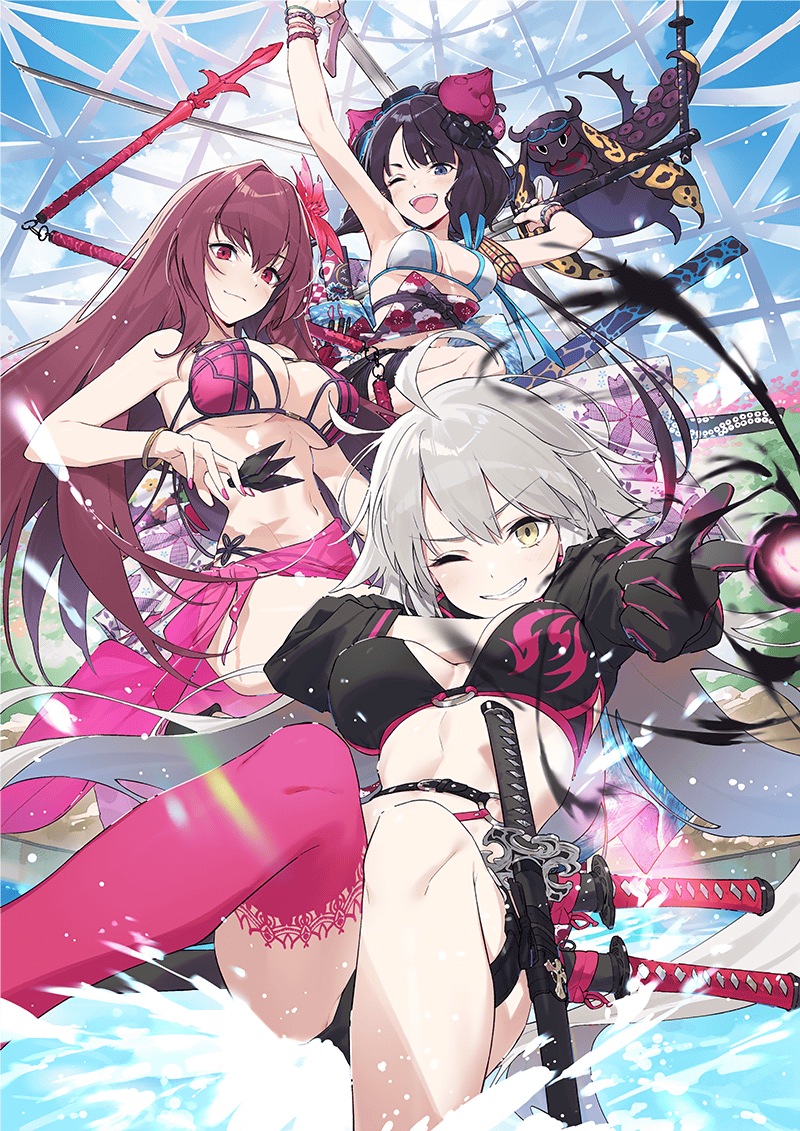 3girls ahoge bare_shoulders belt bikini black_bikini black_gloves black_jacket blue_eyes bracelet breasts choker cleavage cropped_jacket fate/grand_order fate_(series) floral_print flower gae_bolg_(fate) gloves goggles goggles_on_head grey_hair grin hair_between_eyes hair_bun hair_flower hair_ornament hayashi_kewi hibiscus jacket jeanne_d'arc_alter_(fate) jeanne_d'arc_alter_(swimsuit_berserker)_(fate) jewelry katana katsushika_hokusai_(fate) katsushika_hokusai_(swimsuit_saber)_(fate) kunai large_breasts long_hair long_sleeves looking_at_viewer medium_breasts multiple_girls navel o-ring o-ring_bikini obi octopus official_art one_eye_closed open_mouth outstretched_arm pointing pointing_at_viewer polearm purple_bikini purple_hair red_eyes red_thighhighs sarong sash scathach_(fate) scathach_(swimsuit_assassin)_(fate) second-party_source shrug_(clothing) sidelocks single_thighhigh smile swimsuit sword thigh_strap thighhighs thighs tokitarou_(fate) very_long_hair weapon white_bikini yellow_eyes