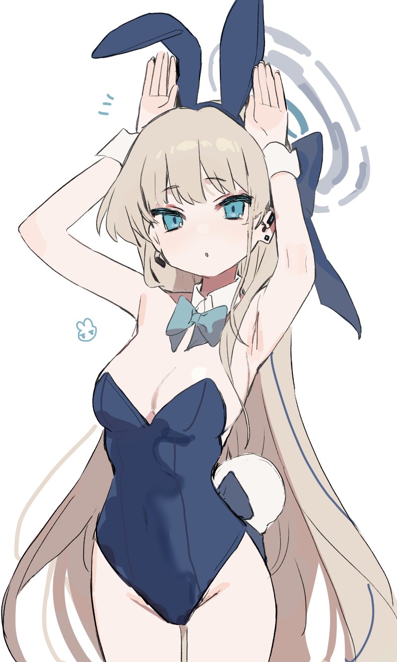 1girl :o animal_ears armpit_crease armpits arms_up artist_request blonde_hair blue_archive blue_bow blue_bowtie blue_eyes blue_leotard blunt_bangs bow bowtie breasts collar covered_navel cowboy_shot detached_collar earpiece earrings fake_animal_ears hair_bow halo hands_up highres jewelry leotard long_hair looking_at_viewer medium_breasts playboy_bunny rabbit_ears rabbit_pose rabbit_tail simple_background tail toki_(blue_archive) toki_(bunny)_(blue_archive) very_long_hair white_background white_collar white_wrist_cuffs wrist_cuffs
