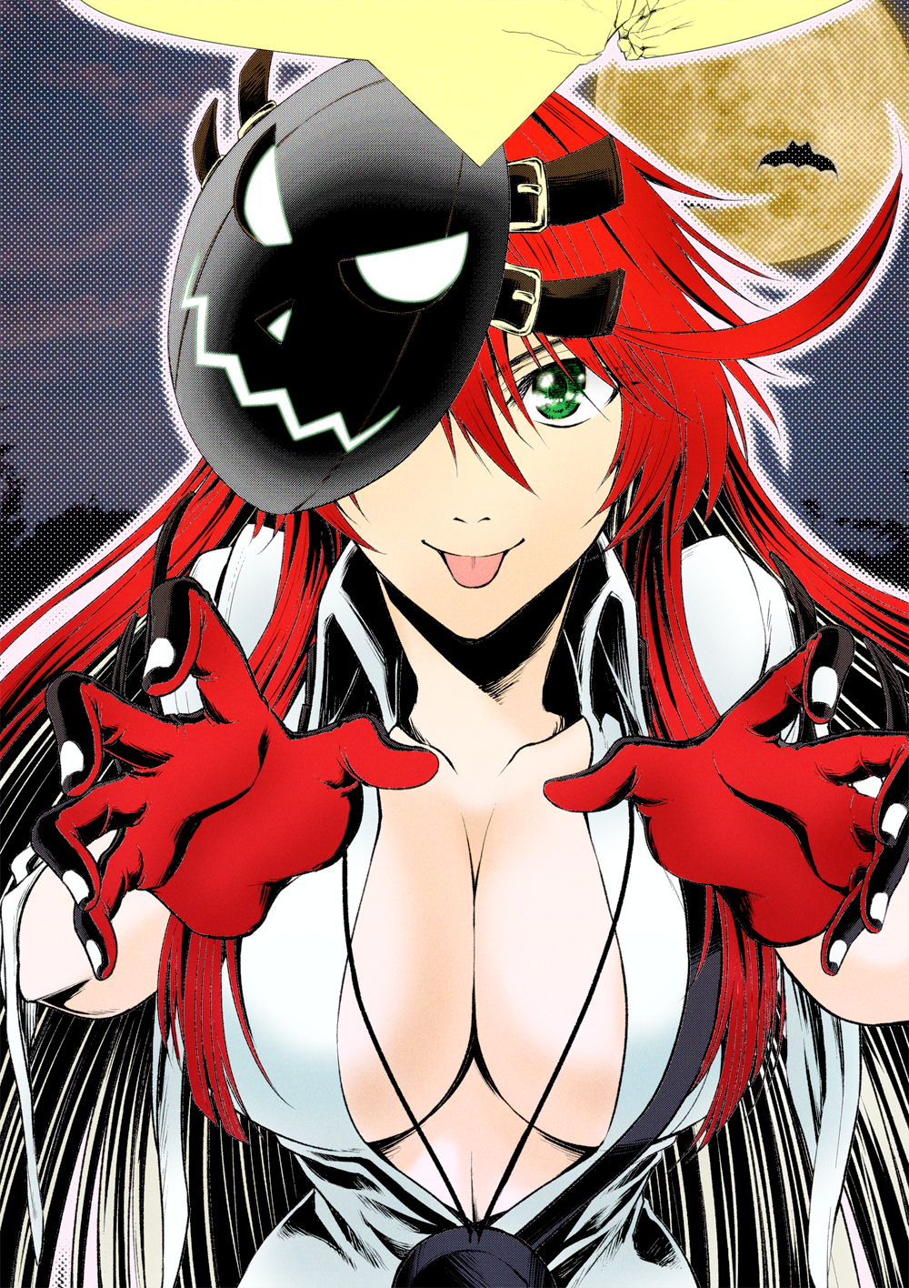 1girl an'no_natsume ankh_necklace bell-bottoms bodysuit breasts broken_halo cleavage collarbone compass_rose_halo front_slit gloves green_eyes grey_mask guilty_gear guilty_gear_strive halo highres jack-o'_valentine large_breasts long_hair long_sleeves pants pumpkin_mask red_hair solo tongue tongue_out too_many_belts white_bodysuit