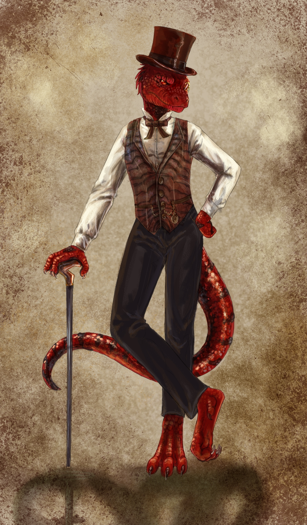 3_toes anthro bagheera bottomwear cane claws clothed clothing eyewear feet furx_(character) grey_claws hat headgear headwear hi_res lizard mab male monocle pants red_body red_eyes reptile scalie shirt solo standing stripes tail toes top_hat topwear vest