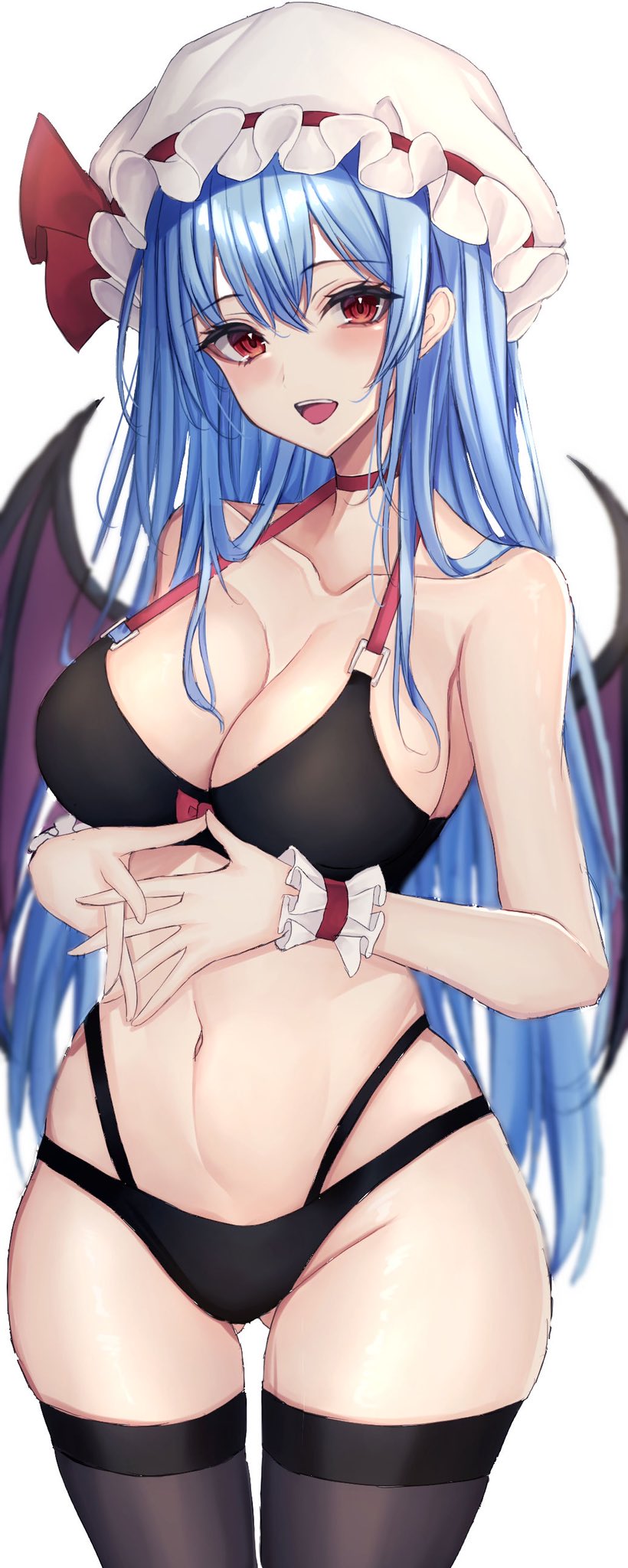 .me 1girl alternate_hair_length alternate_hairstyle bat_wings bikini black_bikini black_thighhighs blue_hair breasts cleavage cowboy_shot hat hat_ribbon highres large_breasts long_hair looking_at_viewer mob_cap navel open_mouth own_hands_together red_eyes red_ribbon remilia_scarlet ribbon simple_background solo standing swimsuit teeth thighhighs touhou upper_teeth_only white_background white_headwear wings wrist_cuffs