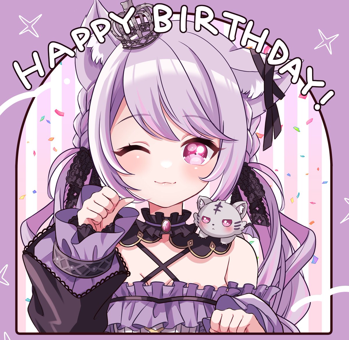 1girl :3 animal_ears black_bow black_collar black_ribbon black_sleeves blush bow breasts cat_ears cleavage closed_mouth collar commentary_request confetti criss-cross_halter crown detached_collar detached_sleeves ear_ribbon hair_bow halterneck happy_birthday ina_uruu kino_haruc long_hair looking_at_viewer low_twintails medium_bangs medium_breasts mini_crown multicolored_hair nanashi_inc. one_eye_closed paw_pose pink_eyes pink_hair purple_background purple_hair red_brooch ribbon smile solo striped striped_background twintails two-tone_hair upper_body virtual_youtuber