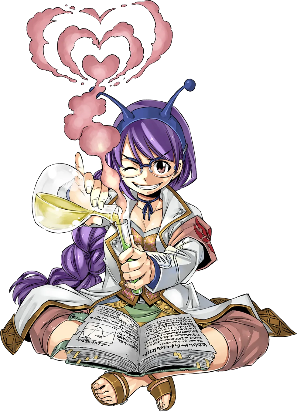 1girl book brown_eyes brown_footwear crossed_legs fake_antennae full_body gate_of_nightmares glasses grin heart highres holding_vial jacket long_hair looking_at_viewer mashima_hiro official_art one_eye_closed open_book open_clothes open_jacket purple_hair sandals simple_background sitting smile smoke solo transparent_background varcelio_(gate_of_nightmares) white_jacket