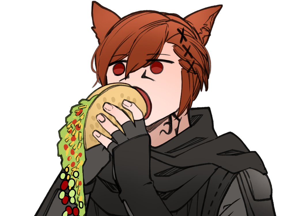 1boy animal_ears brown_hair cat_ears final_fantasy final_fantasy_xiv fingerless_gloves g'raha_tia gloves grey_gloves hair_ornament kyou_(ningiou) male_focus miqo'te open_mouth red_eyes simple_background solo spilling taco white_background x_hair_ornament