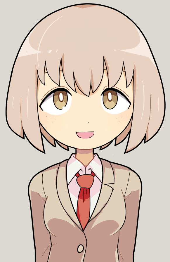 1girl blazer breasts bright_pupils brown_eyes brown_hair brown_jacket collared_shirt commentary_request freckles grey_background hospital_king jacket looking_at_viewer medium_bangs medium_breasts necktie open_mouth red_necktie shirt short_hair simple_background smile solo tanaka_mako upper_body watashi_ga_motenai_no_wa_dou_kangaetemo_omaera_ga_warui! white_pupils white_shirt