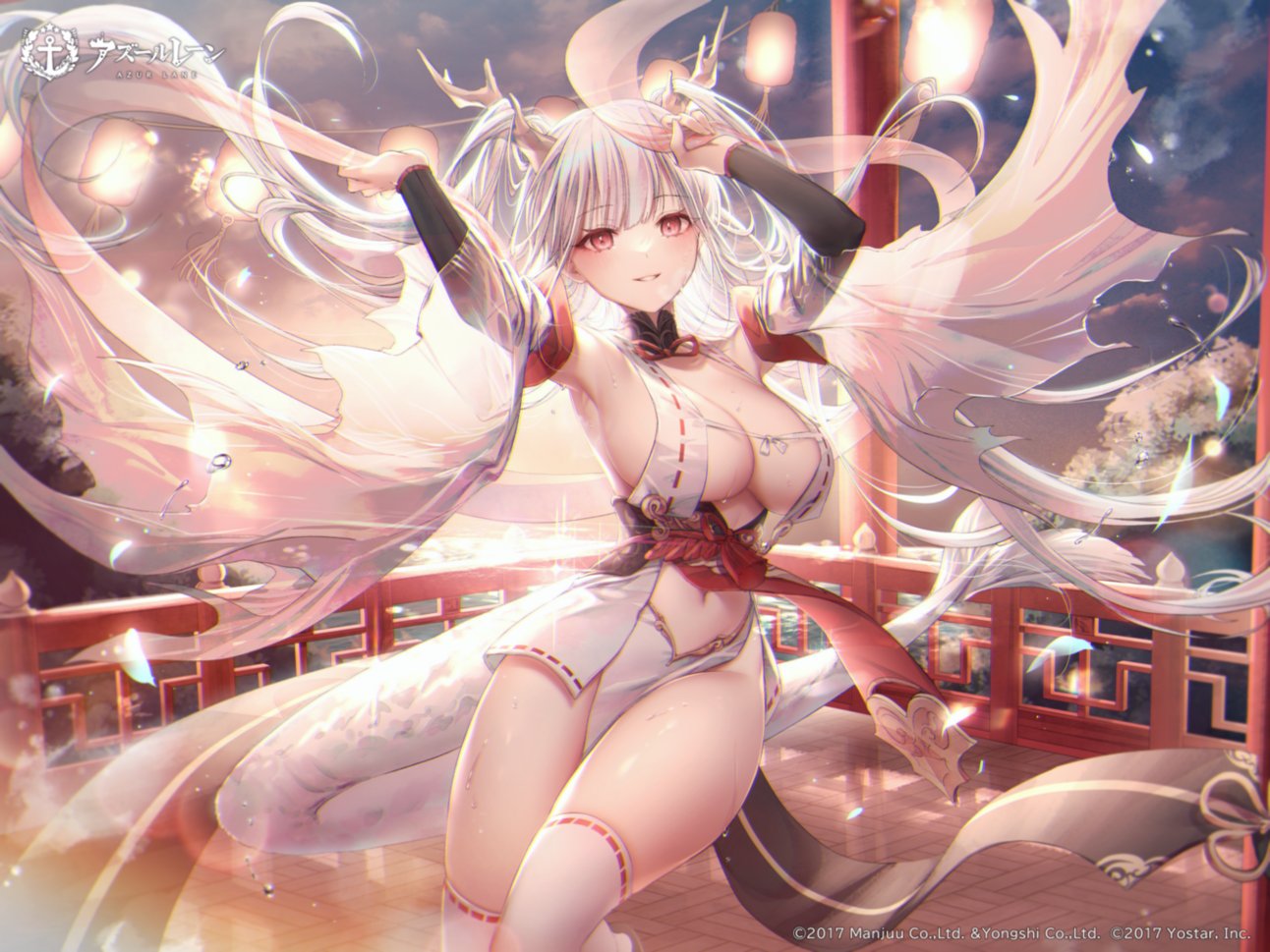 1girl armpits arms_up azur_lane backlighting bare_shoulders breasts center_opening cleavage detached_collar detached_sleeves dragon_horns dragon_tail floating_hair grin horns japanese_clothes large_breasts long_hair looking_at_viewer navel no_bra no_panties obi official_art outdoors ozzingo pelvic_curtain red_eyes revealing_clothes sash second-party_source shimanto_(azur_lane) smile solo stomach sunset tail thighhighs thighs two_side_up very_long_hair wet white_hair white_thighhighs